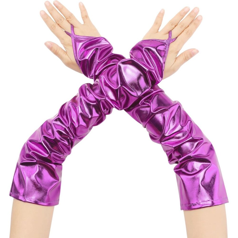 Women's Purple Metallic Sparkle Shiny Finger Loop Gloves Fingerless Arm Length